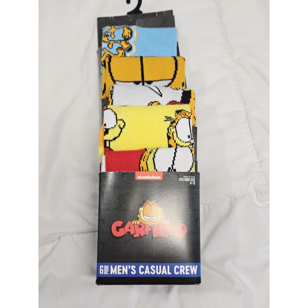 Garfield 6 Pair Casual Crew Socks Mens 8-12 Nickelodeon Cat Jim Davis Cartoon TV